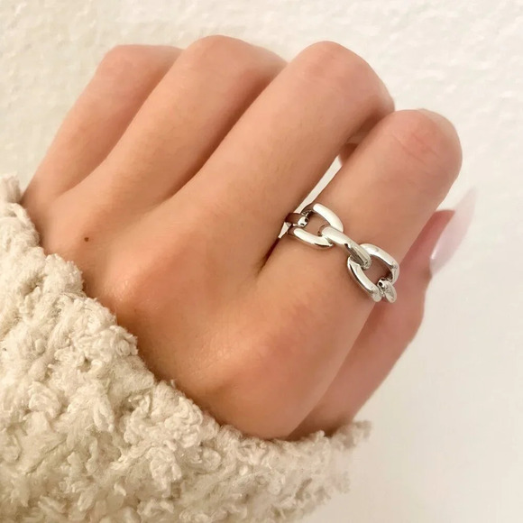 925 Sterling Silver Chain Link Ring Band Midi Ring Thumb Ring Adjustable Ring - Picture 1 of 9